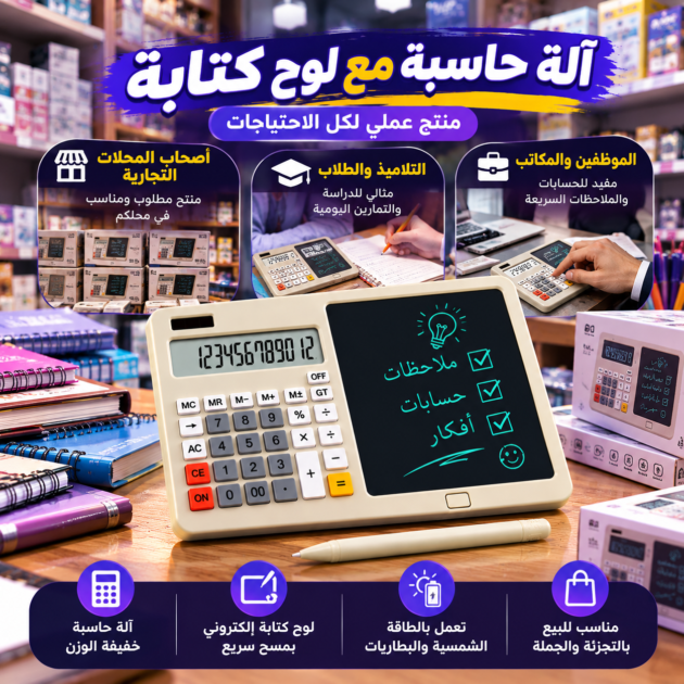 آلة حاسبة مع لوح كتابة إلكتروني قابل للمسح وقلم